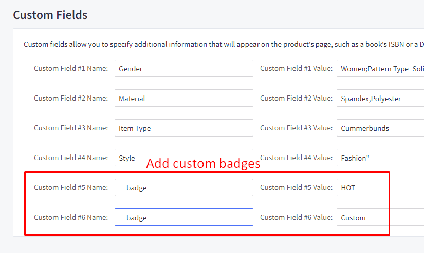 edit product badges in custom fields