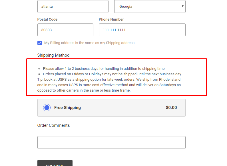 display custom message above shipping options on checkout page