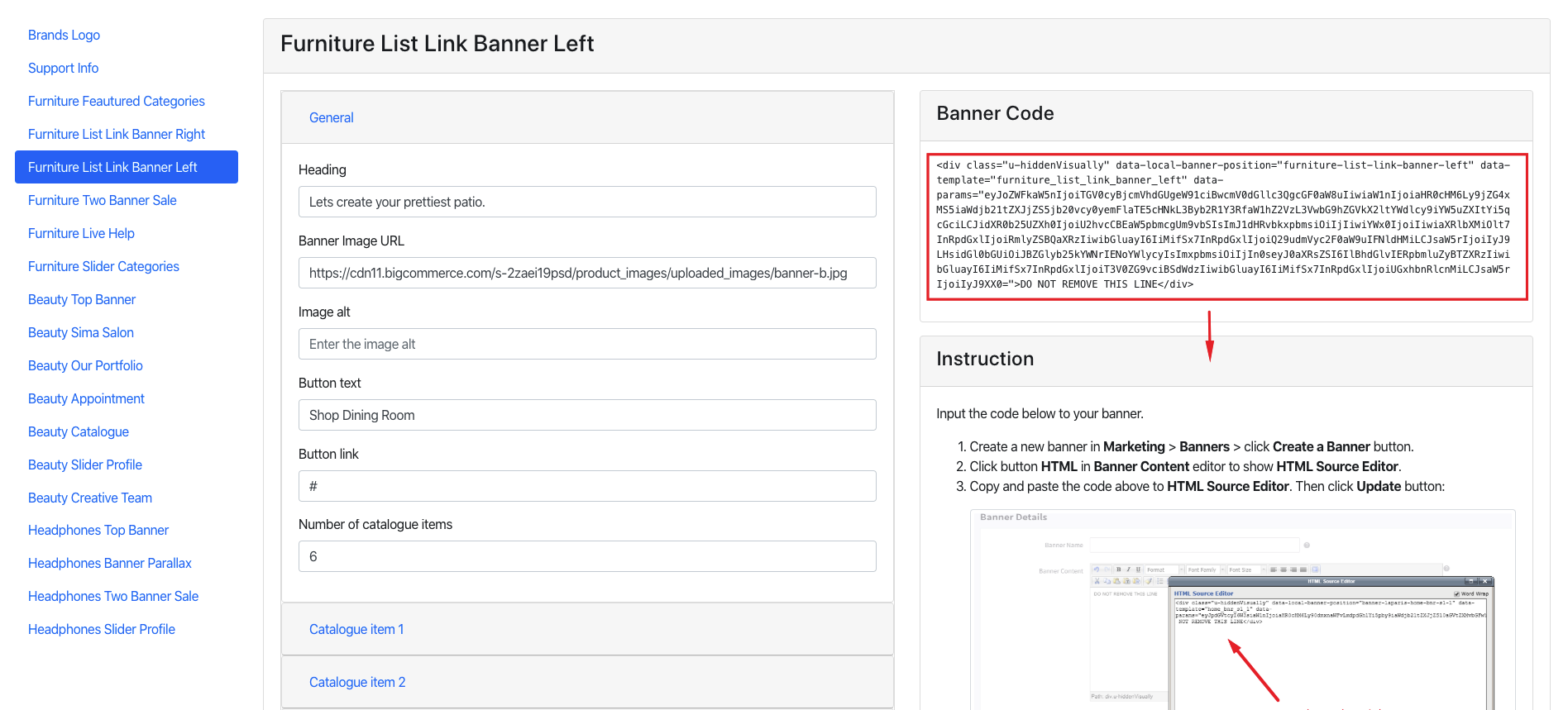 banner content html source editor