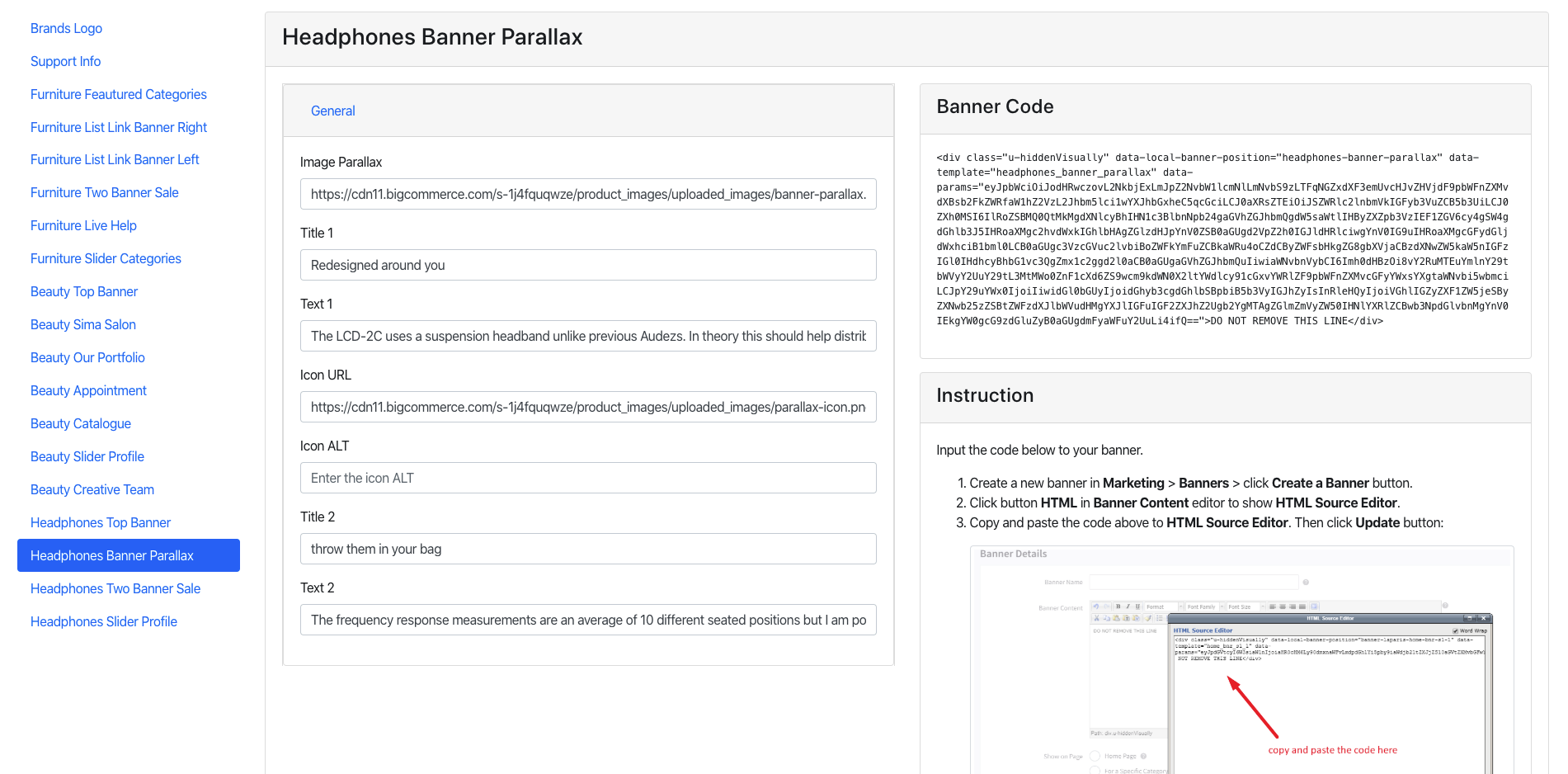 banner content html source editor