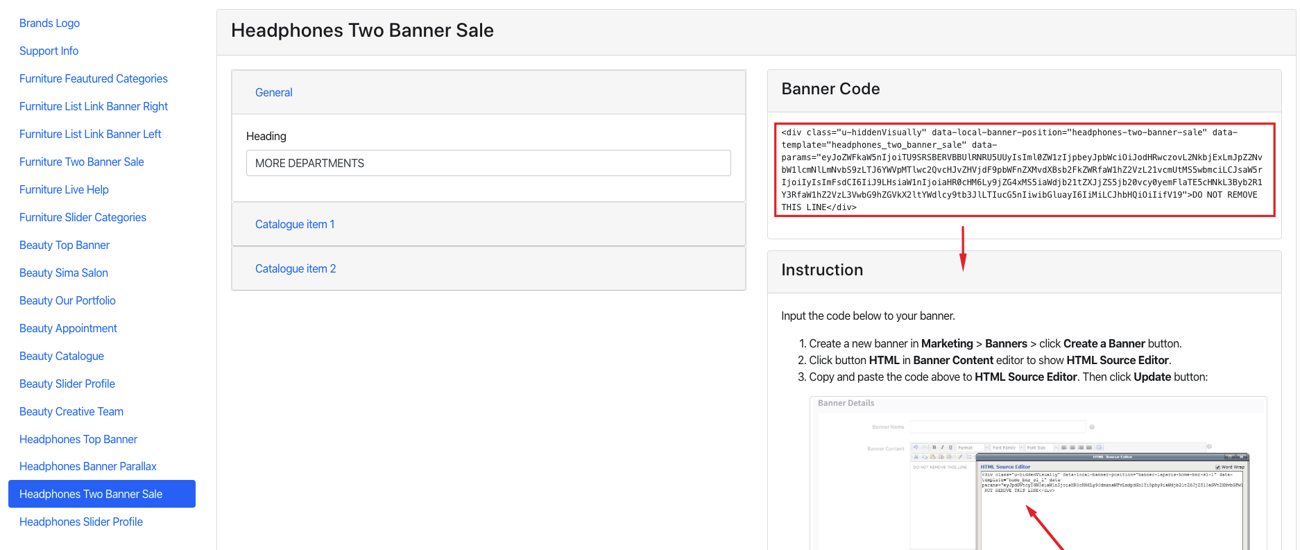 banner content html source editor